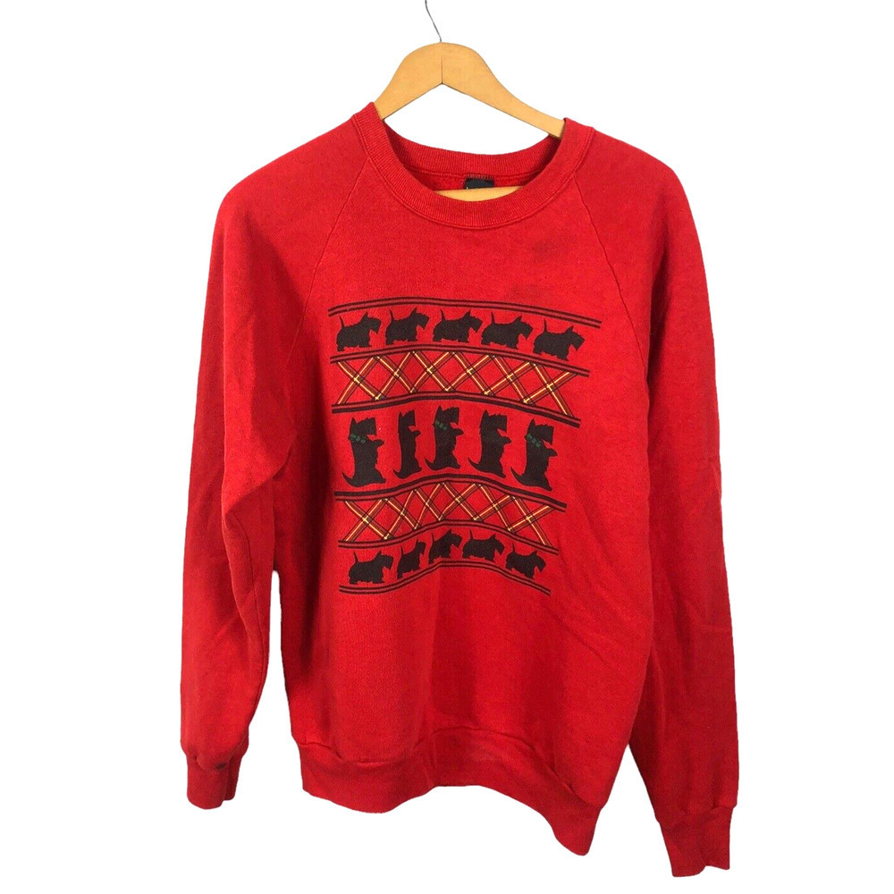 Vtg Scottie Dogs Sweatshirt Large Screen Stars 80s 90s Red Christmas Ugly Adult